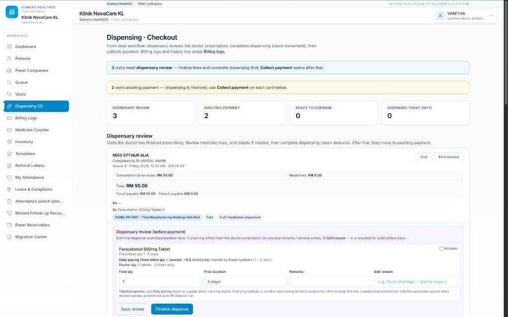 Dispensing checkout: dispensary review before payment and finalize dispense.